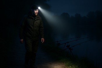 Angler walking quietly along the bank at night listening to water