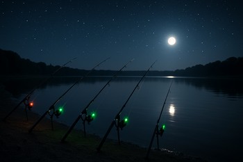 Wide night view of a bankline with glowing alarms and bivvies