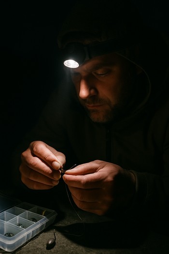Hands changing a rig at night under a small headlamp