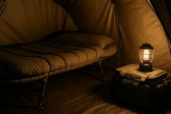 Warm bivvy interior with a bedchair, soft light and a tidy tackle bag
