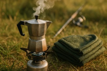 Small camping stove with a metal coffee pot beside a neatly folded landing net