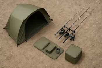 Lean carp camp footprint seen from above with just chair, net and rods