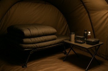 Bedchair and sleeping bag neatly arranged inside a tidy carp bivvy