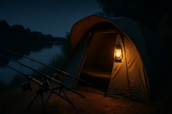 Carp bivvy glowing softly at night with rods pointing over calm water