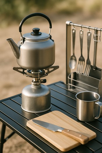 Small stove and mug on a low camp table beside carp rods