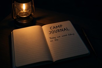 Camp notebook open beside a lantern and pen on a bivvy table