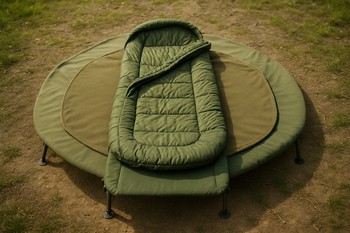 Top-down view of a sleep area with bedchair, bag and boots aligned