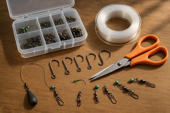 Small tackle table holding rigs, scissors and hookbaits in order