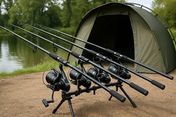 Rod pod with carp rods lined up in front of a bivvy entrance