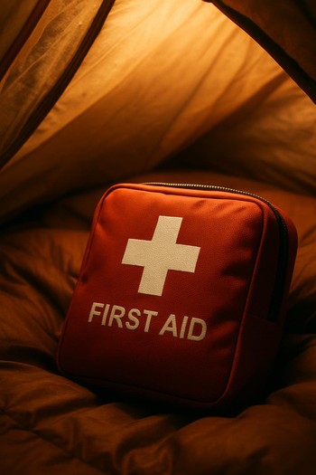 Compact first-aid pouch laid out on a bivvy table