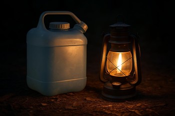 Water canister and lantern standing together at the edge of camp
