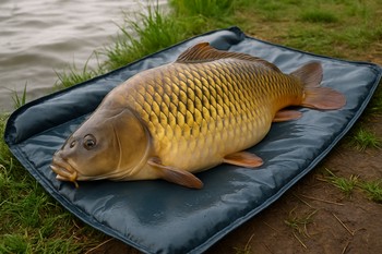 Carp resting on an unhooking mat being carefully lifted back to the water