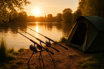 Golden hour light touching reeds and rods along the bank