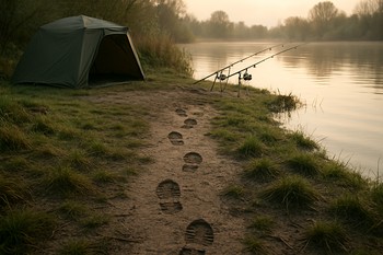 Empty swim with flattened grass where rods and chair stood during the session