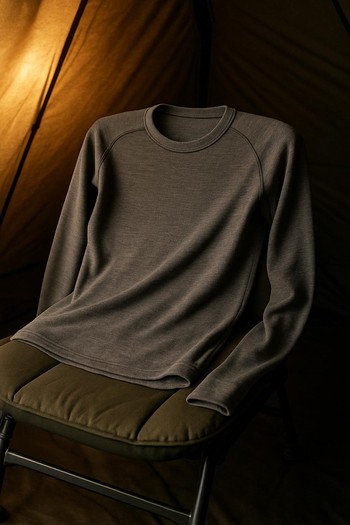 Base layers folded on a carp chair inside the bivvy