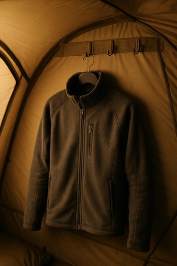 Mid layers hanging from hooks along a bivvy rib