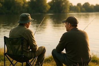 Two anglers talking beside their rods on a spacious stretch of bank