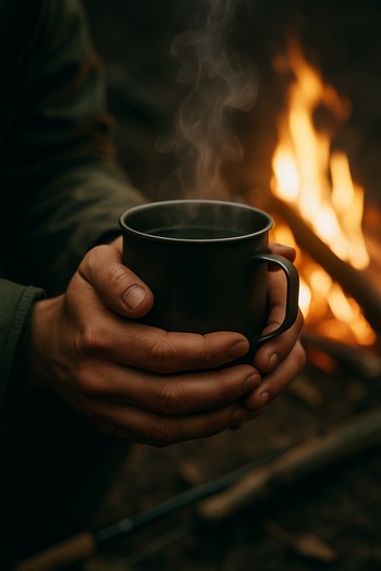 Close-up of a steaming mug held by the fire near carp rods