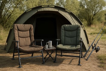 Two camp chairs set outside a bivvy facing rods and open water