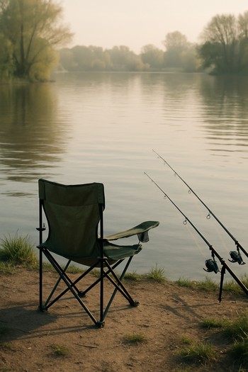 Single chair and rod set up alone on a wide empty bank
