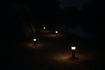Small path lights marking a safe route between two carp camps at night