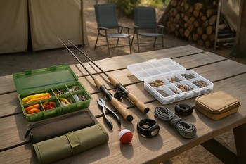 Shared tackle table between two bivvies with tools lined up