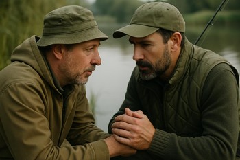 Two anglers talking quietly by the rods at dusk