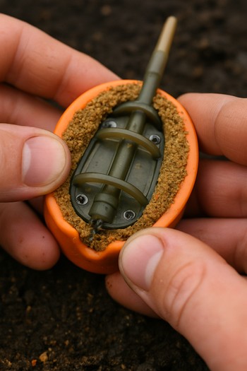 Close-up of a method mould being packed with a careful press