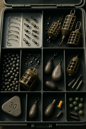 Feeder tray with boxes, feeders and hooklengths laid out in tidy rows