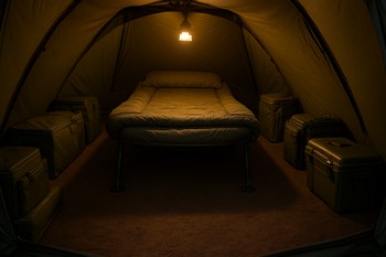 Clear path from bivvy door to bank without bags or tackle in the way