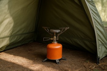 Stove and gas canister tucked safely in a corner with clear space around