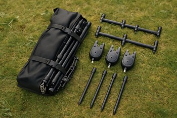 Rod pod strapped together with bite alarms and banksticks ready for transport