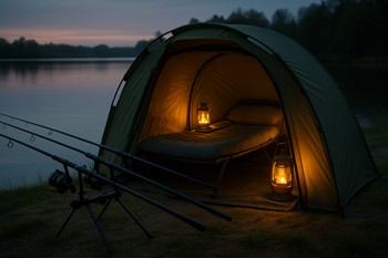 Compact carp bivvy with warm lanterns, bedchair and rods set against a calm shoreline