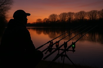 Angler watching a carp rod at dusk with soft lights glowing around the swim