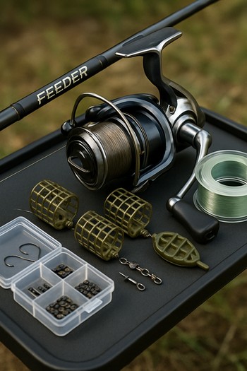 Close-up of a feeder rod, reel and neatly arranged terminal tackle on a small bivvy table