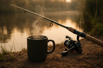 Hot mug resting on a bankstick bar with rods blurred behind