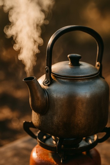 Close-up of steam rising from a kettle on a small burner at night