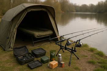 Stillwater rods and bivvy ready for a full 24-hour carp session