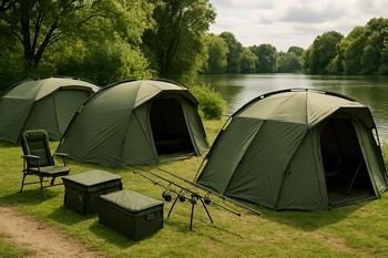 Weekend carp bivvy line with multiple swims occupied along the bank