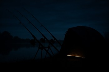 Night silhouette of a carp camp with rods and trees against dim sky