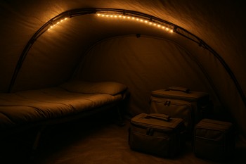 Soft glow from inside a bivvy falling across a short stretch of bank