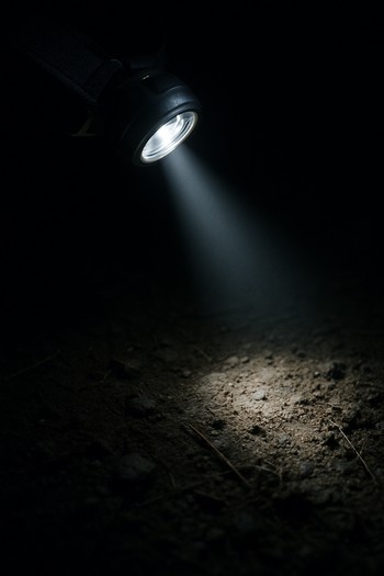 Angler’s hand with a focused headtorch beam on a rig at night