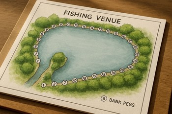 Numbered bank pegs on a small printed map lying on a bivvy table