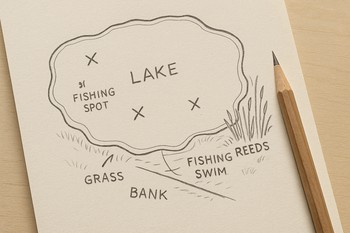 Hand-drawn overview sketch of a carp swim with main features marked