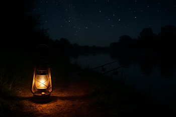 Narrow path along the bank lit by small lanterns leading back to the bivvy