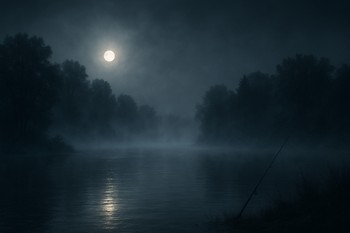 River surface with low fog rising in the glow of distant lights