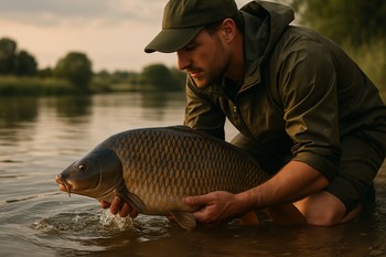 Angler kneeling at the waterline, supporting a carp before release
