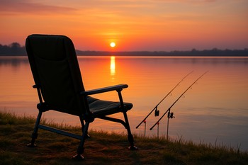 Carp chair facing sunrise over the water during a quiet rest window