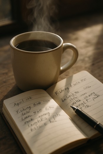 Mug and small notebook on a bivvy table during a short break