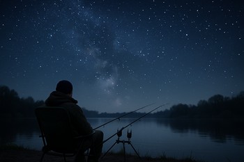 Night bank with a single chair and distant lights across the water
